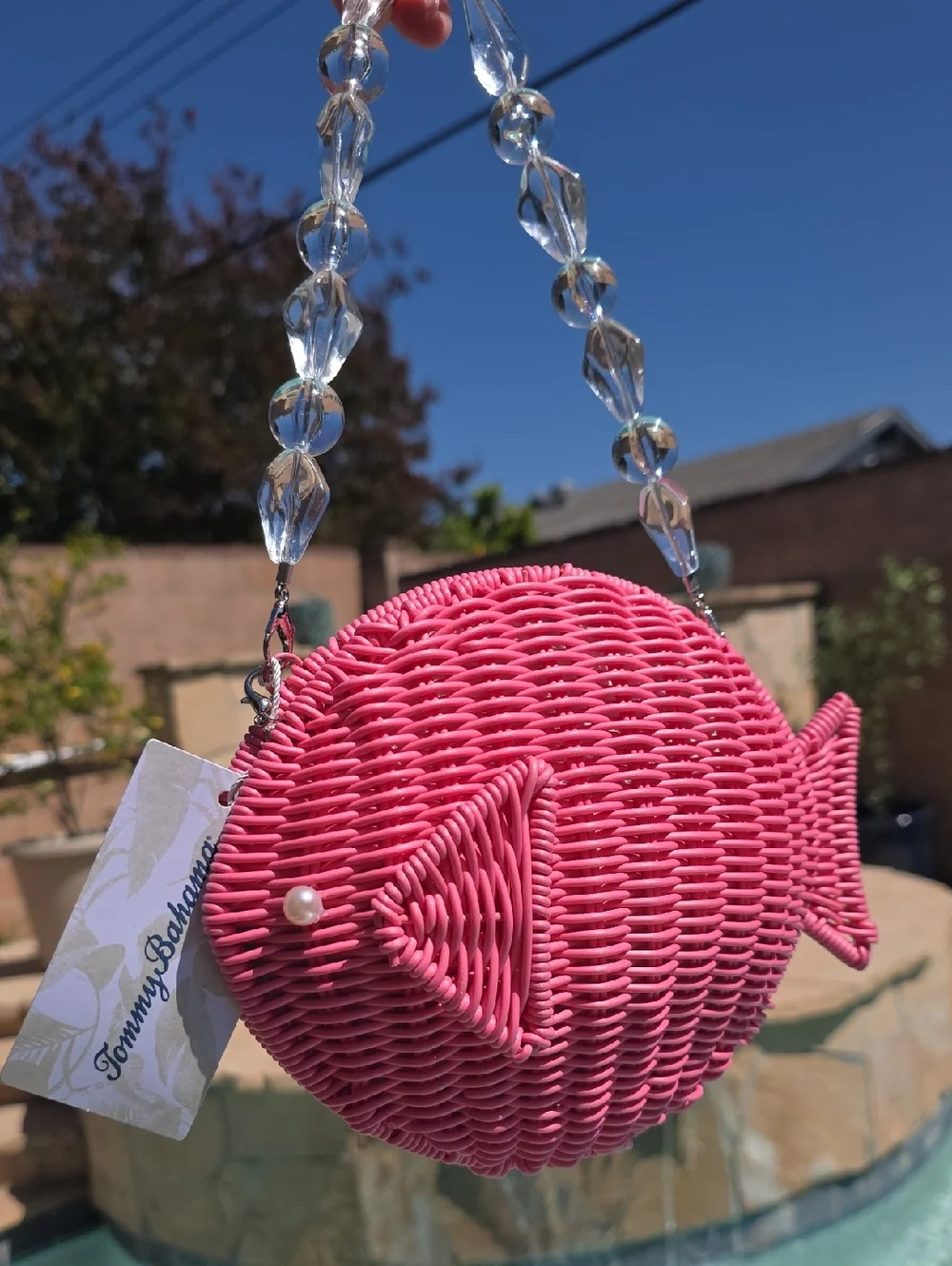 Tommy Bahama Pink Woven Fish Purse with Beaded Handle